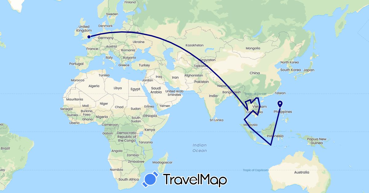 TravelMap itinerary: driving in United Kingdom, Indonesia, Cambodia, Laos, Malaysia, Philippines, Singapore, Thailand, Vietnam (Asia, Europe)