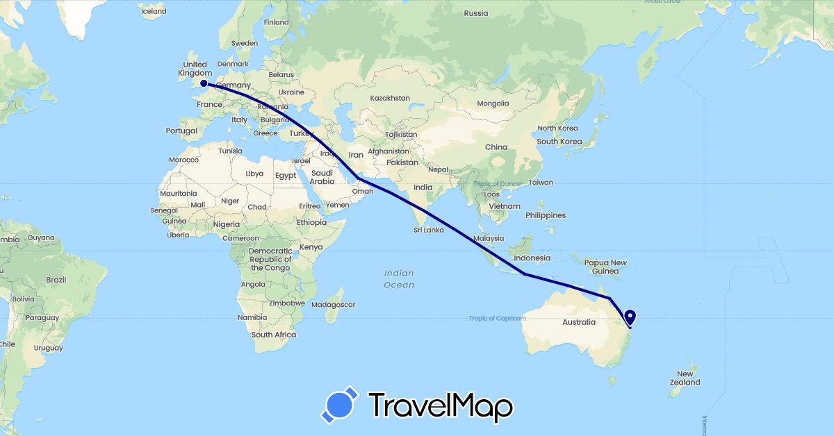 TravelMap itinerary: driving in United Arab Emirates, Australia, United Kingdom, Indonesia (Asia, Europe, Oceania)